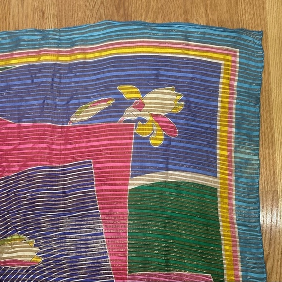 Leehaus Olympic Silk Scarf Blue Pink Yellow Metallic Floral - Picture 5 of 5